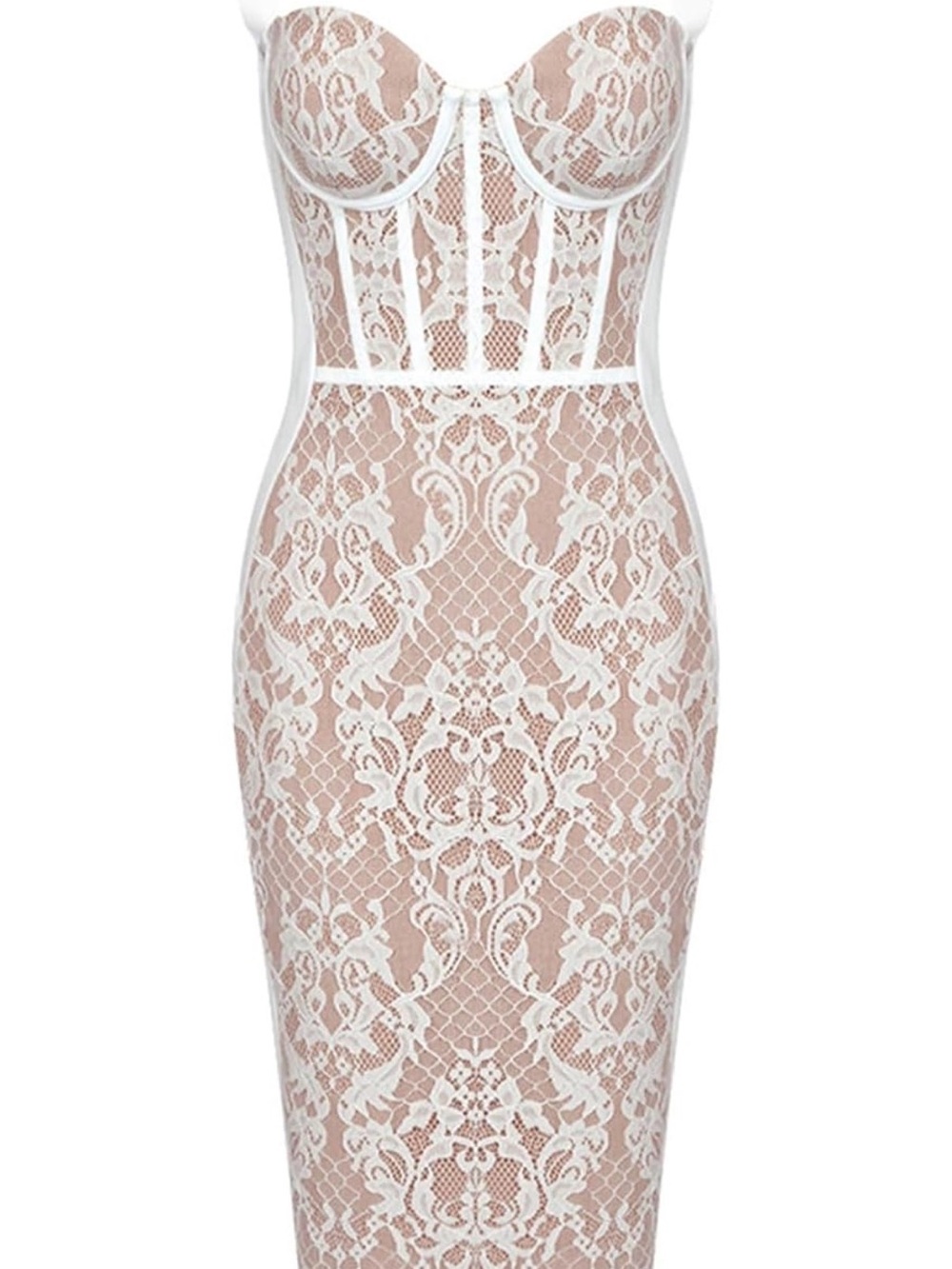 White Lace Overlay Midi Dress with Nude Slip